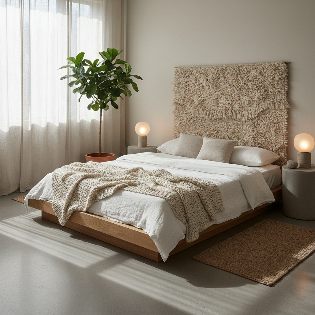 Serene bedroom with natural materials and soft lighting