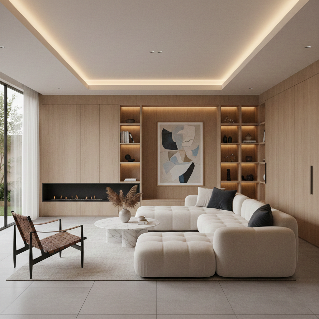 Contemporary living room with custom millwork and designer furniture