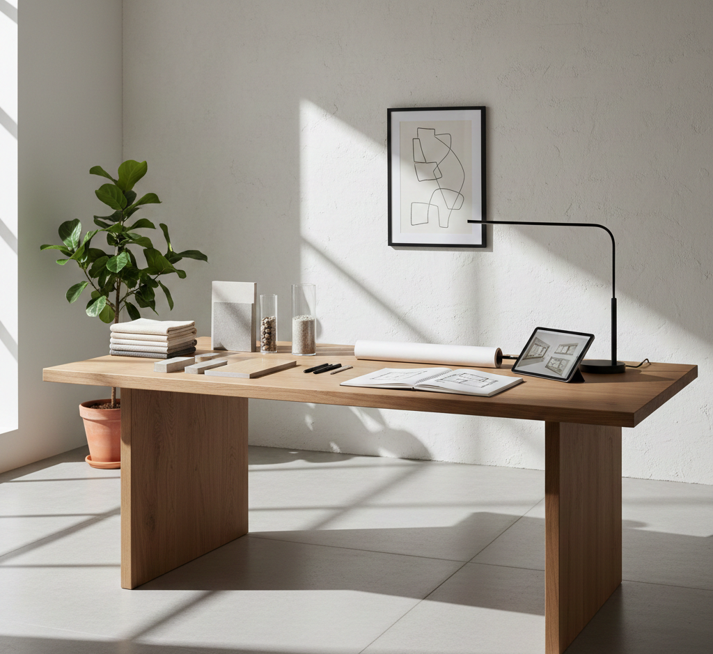 Interior design studio workspace with material samples and sketches